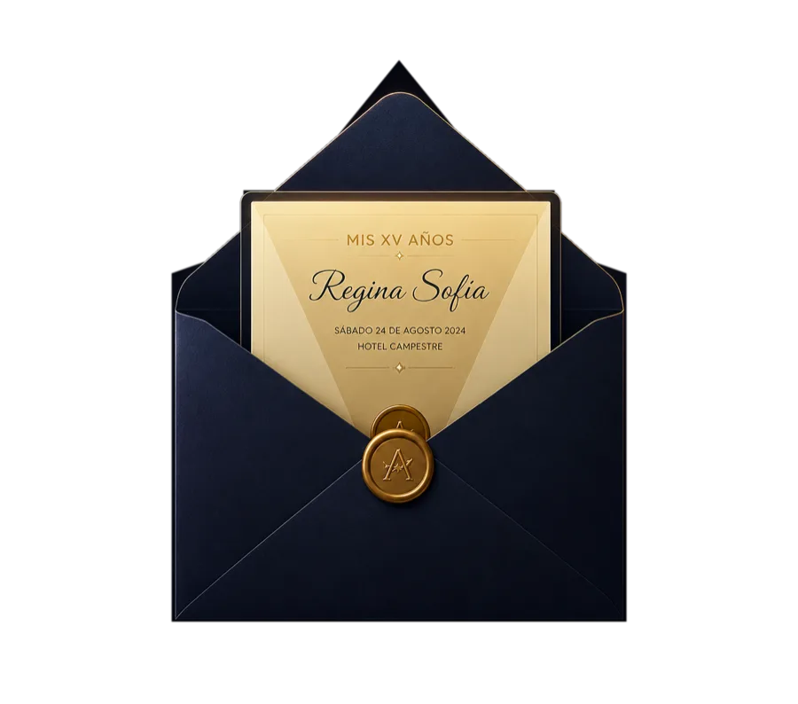 Invitación digital azul y dorada de Regina Sofía